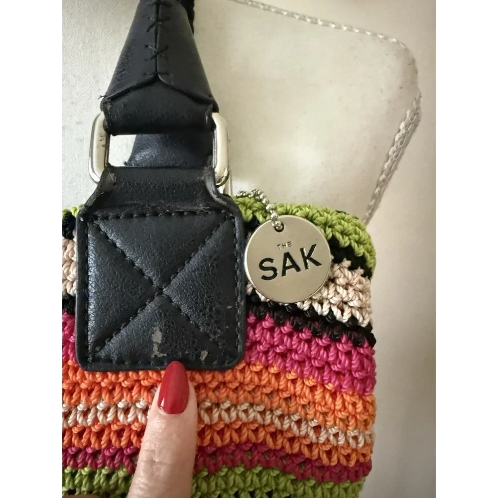 The Sak Multicolor Crochet Knit Hobo Shoulder Bag Boho Striped Handbag